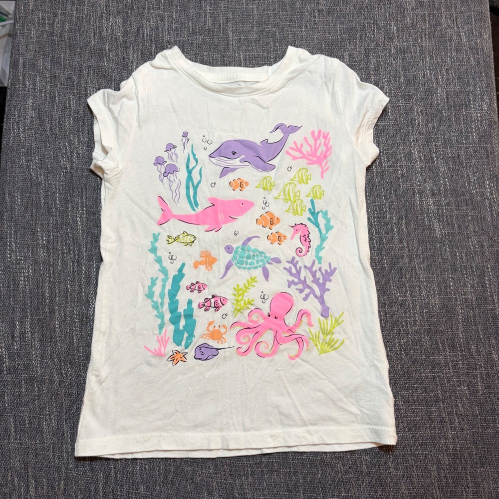 Gap Kids White Sea Life Graphic T-Shirt Whale Shark Octopus (Girls Medium 8)